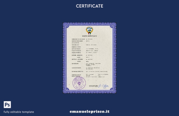Modello PSD del certificato di morte del documento di stato civile del Kuwait in